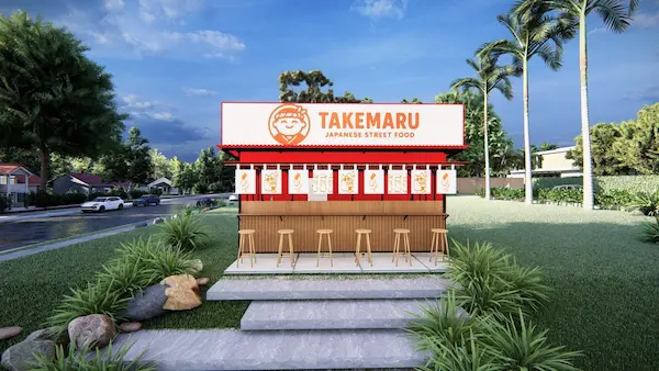Desain booth franchise Takemaru - konsep minimalis